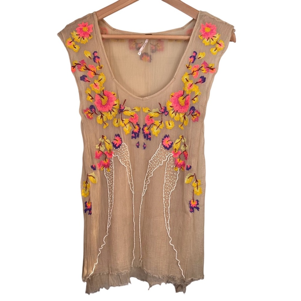 Free People Summer Nights Neon Floral Embroidered Shirt Medium Beaded Chiffon